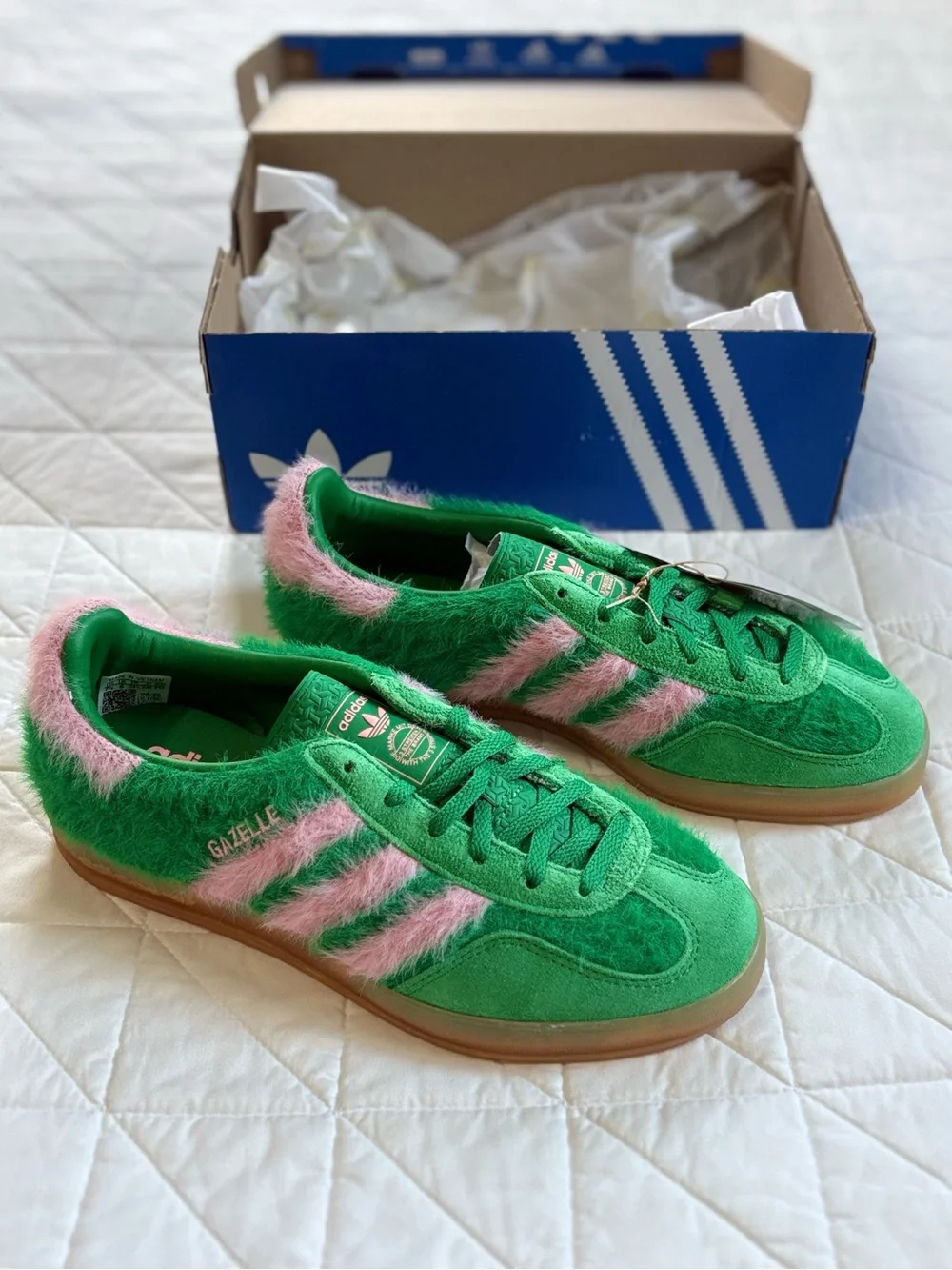 Adidas Gazelle Indoor Green Glow Pink Hairy Mohair-Style Sneakers - Size 7.5 US